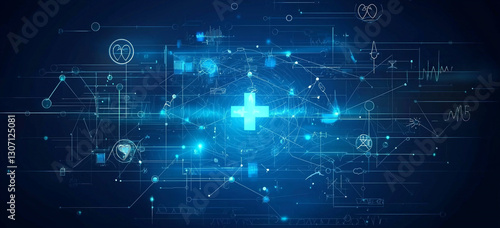 Glowing medical data illuminates in dark blue.