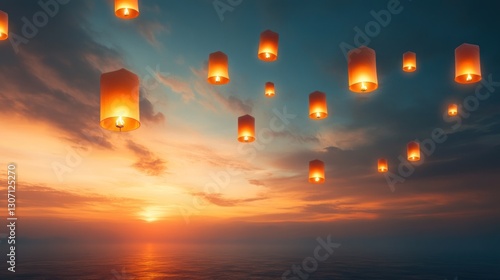 Lantern release at sunset seaside view magical event tranquil environment ethereal for reflection