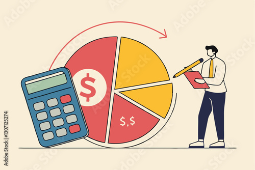 Cost structure, expense and income balance calculation, revenue, debt and investment analysis, money management, budget or saving concept, businessman with calculator with pie chart of cost structure.