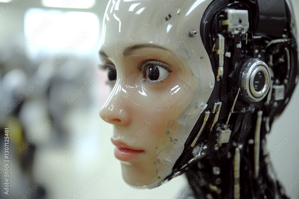 A humanoid robot with a realistic face is shown in close-up indoors. Concept of advanced robotics and artificial intelligence. For technology innovation photo.