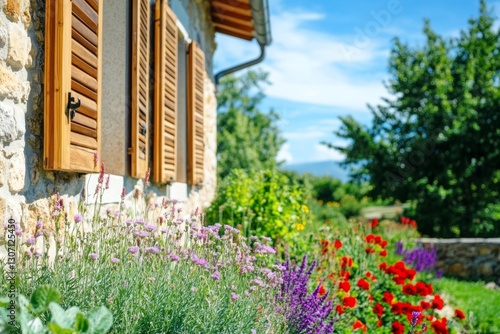 Close-up angle view of rustic countryside villa with stone walls and flower garden
