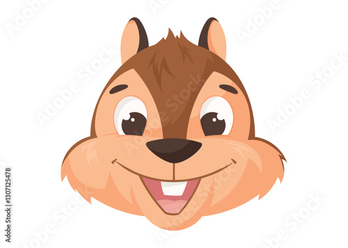 Cute cartoon chipmunk head with big eyes and a happy smile. Adorable woodland animal mascot, perfect for kids' products, games, stickers, and logos. Vector isolated illustration