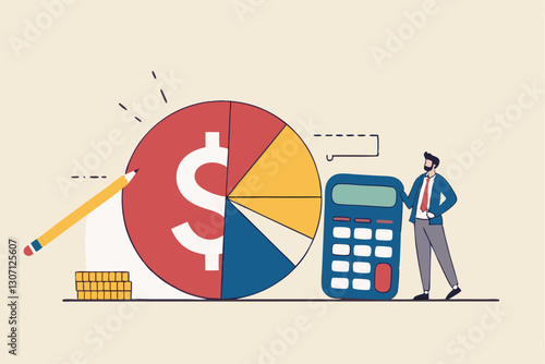 Cost structure, expense and income balance calculation, revenue, debt and investment analysis, money management, budget or saving concept, businessman with calculator with pie chart of cost structure.