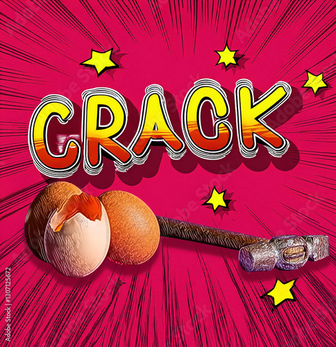 A lively comic-style illustration features the word 