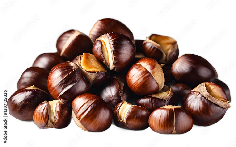 A pile of roasted chestnuts with brown shells, isolated on a empty plain background A pile of roasted chestnuts with brown shells, isolated on a empty plain background