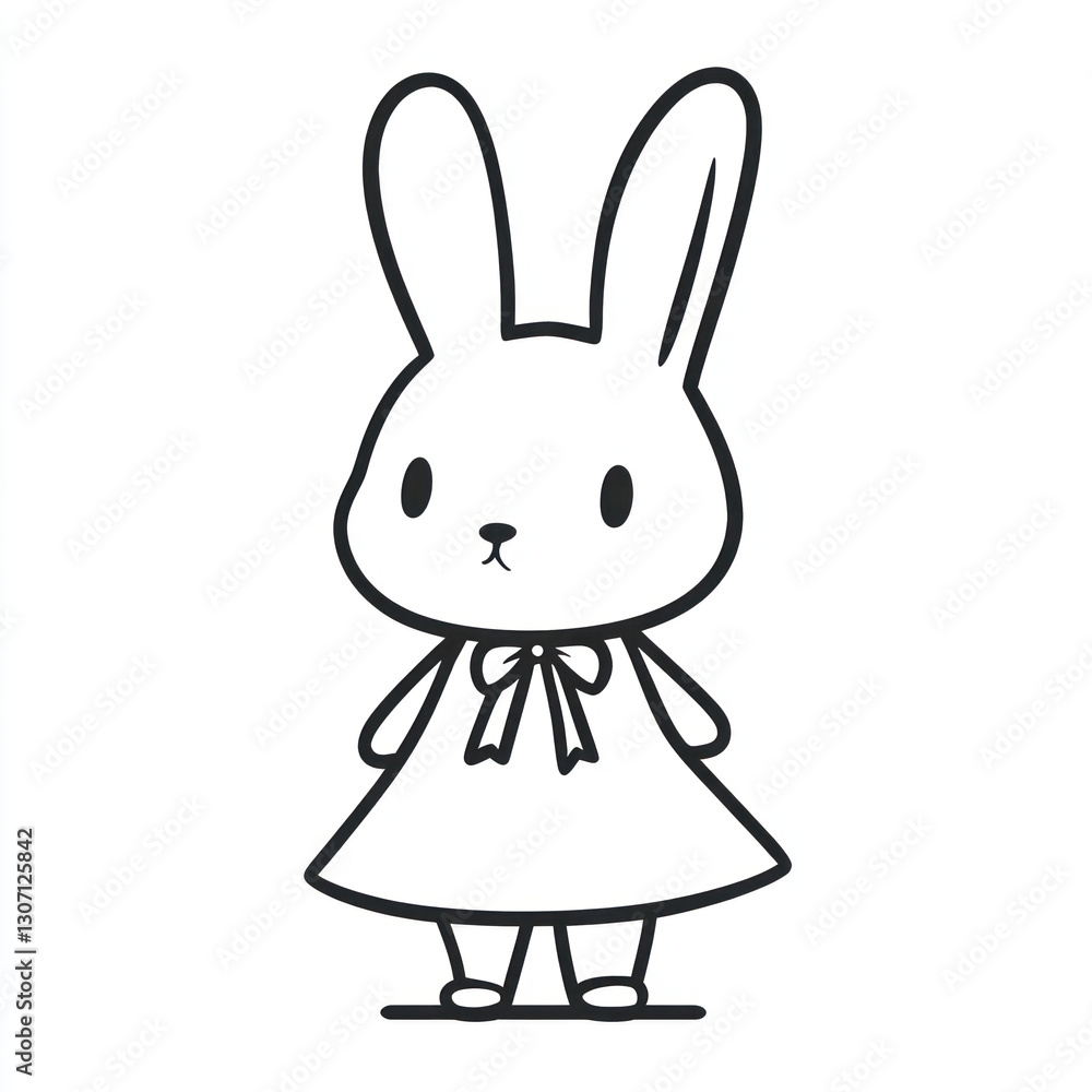 Obraz premium Cute bunny character wearing dress with bow, standing upright. This adorable illustration captures playful and whimsical essence, perfect for children themes