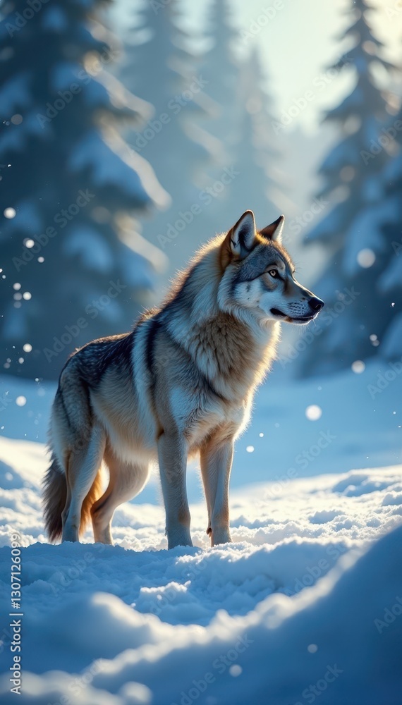 Naklejka premium Majestic lone wolf, still amidst swirling snow , grey, winter