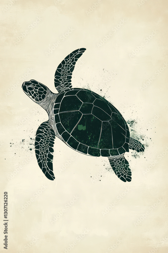Fototapeta premium minimalistic illustration of turtle with dark green color palette, featuring intricate line work and textured background. This artwork captures essence of marine life