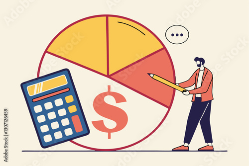 Cost structure, expense and income balance calculation, revenue, debt and investment analysis, money management, budget or saving concept, businessman with calculator with pie chart of cost structure.
