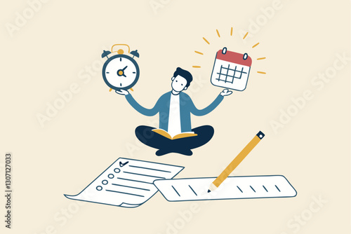 Self discipline or self control to complete work or achieve business target, time management to increase productivity concept, businessman meditate balancing clock and calendar on completed task paper