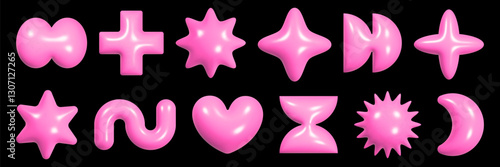 Exploring a collection of colorful 3D geometric figures crafted from a glossy plastic material, showcasing a playful design aesthetic inspired by y2k styles.