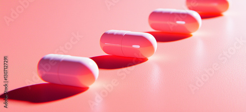 Four pink capsules are lined up on a pink surface.
