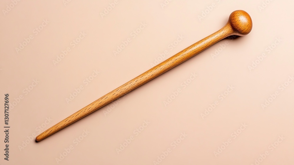Light brown wooden stick with a rounded top, lying on a pale beige background. The stick is long and slender, showing texture and small dark spots. Light brown wooden stick with a rounded top, lying on a pale beige background. The stick is long and slender, showing texture and small dark spots.
