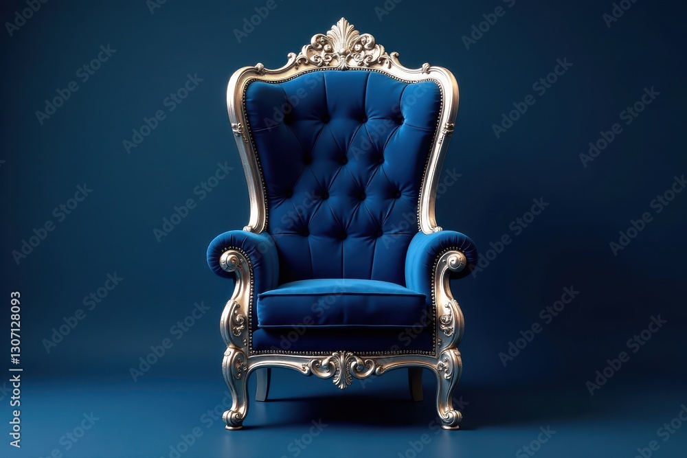 Deep blue velvet throne chair; silver accents, tufted design , classic, blue Deep blue velvet throne chair; silver accents, tufted design , classic, blue