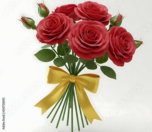 A stunning 3D rendered image of a bouquet of red roses, featuring 5 fully bloomed roses and 3 rose buds. 