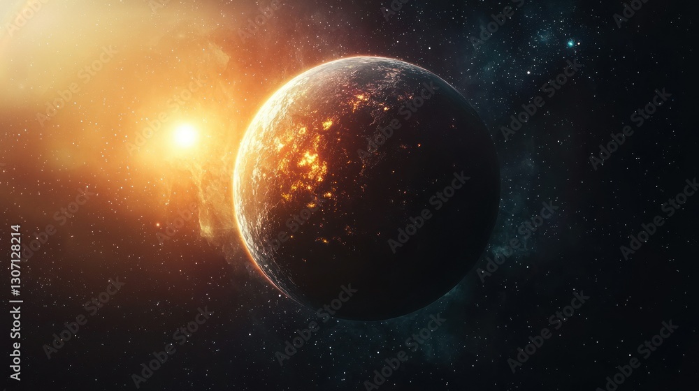Obraz premium A large planet illuminated by a distant bright celestial sun