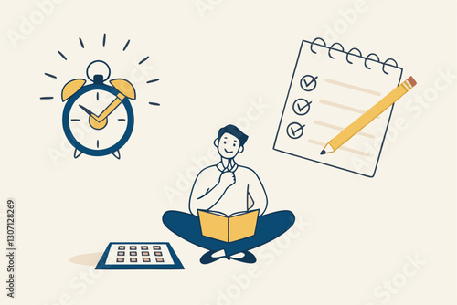 Self discipline or self control to complete work or achieve business target, time management to increase productivity concept, businessman meditate balancing clock and calendar on completed task paper
