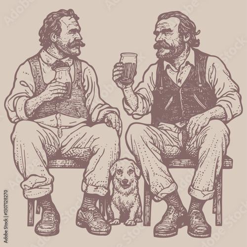 Vector illustration in vintage engraving style depicting two bearded men sitting on a bench enjoying drinks, with a dog between them. 