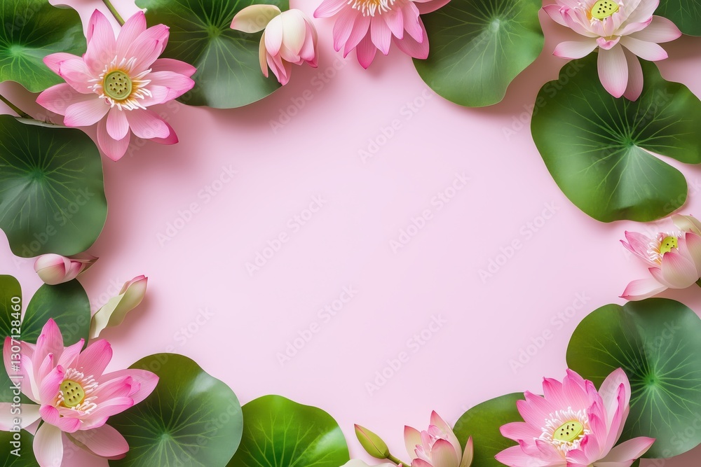 Moldura floral com flor de lótus rosa e folhas verdes vibrantes sobre fundo rosa suave, criada com IA generativa para um design delicado e natural Moldura floral com flor de lótus rosa e folhas verdes vibrantes sobre fundo rosa suave, criada com IA generativa para um design delicado e natural