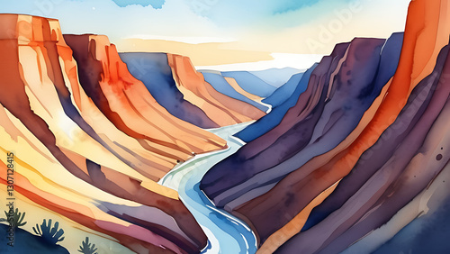 Watercolor Canyon Landscape with River Flowing Through Mountains Illustration
