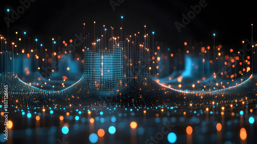 A captivating abstract digital visualization featuring a gradient of blue and orange particles arranged in waves.