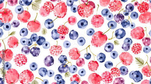 A beautiful watercolor pattern featuring vibrant red raspberries and delicate leaves on a soft white background.