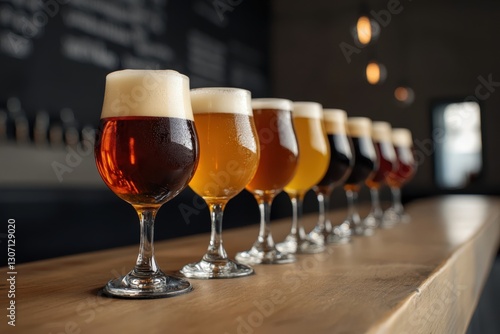 Row of beer glasses showing a variety of beer colors in a brewery