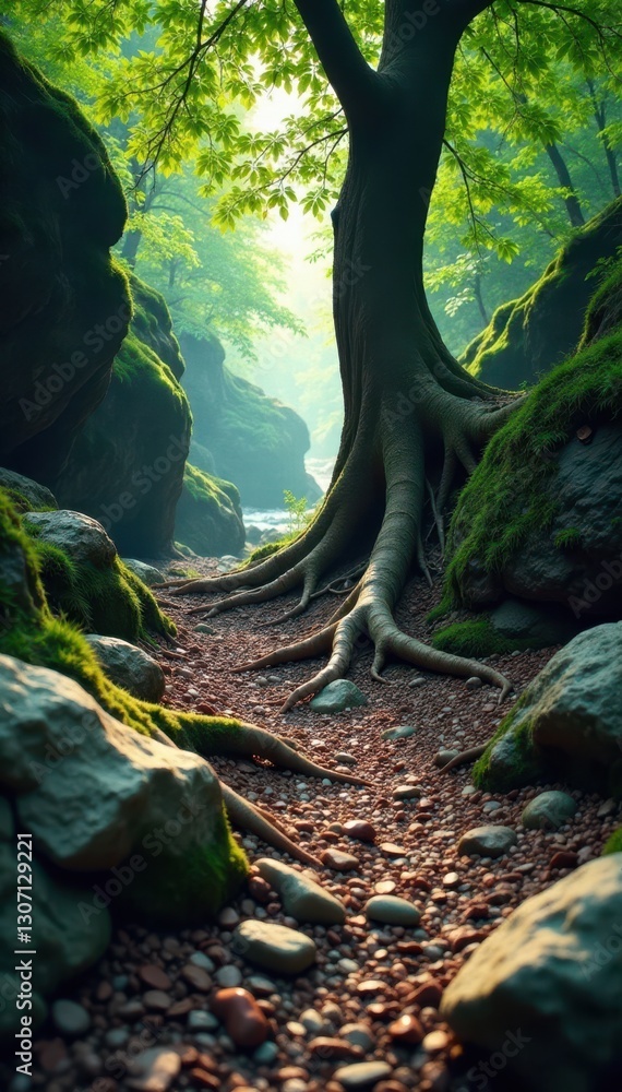 Intricate tree roots weave through rocky terrain , wild, outdoors