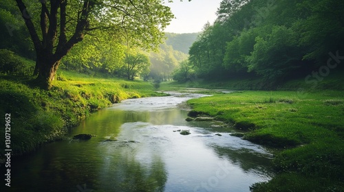 A peaceful river flowing through a lush green valley, soft reflections of the trees on the water, serene and calming atmosphere, ultra-detailed, 4K.