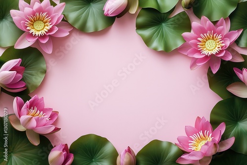 Wallpaper Mural Moldura floral com flor de lótus rosa e folhas verdes vibrantes sobre fundo rosa suave, criada com IA generativa para um design delicado e natural Torontodigital.ca