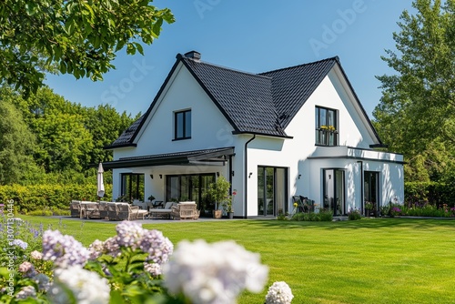 Close-up corner view of luxury villa with spacious garden and outdoor seating

