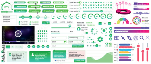 Set of UI/UX elements for websites and mobile applications: buttons, forms, menus, panels, icons, login, payment, rating. Modern design for convenient interaction and business planning