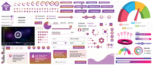 Set of UI/UX elements for websites and mobile applications: buttons, forms, menus, panels, icons, login, payment, rating. Modern design for convenient interaction and business planning