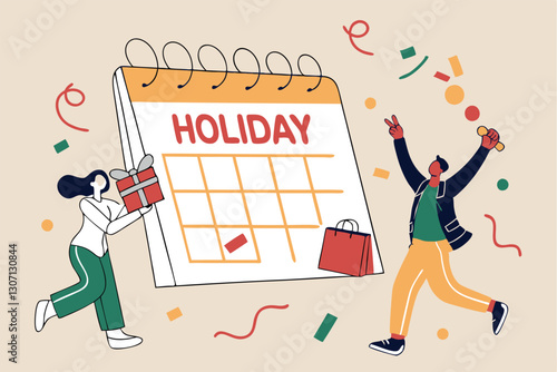 Company holiday for employee to take a break and recharge, employee appreciation day or long holiday happiness concept, business people with big calendar jumping with joy to celebrate long holiday.