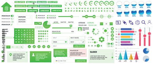 Set of UI/UX elements for websites and mobile applications: buttons, forms, menus, panels, icons, login, payment, rating. Modern design for convenient interaction and business planning