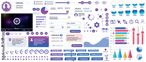 Set of UI/UX elements for websites and mobile applications: buttons, forms, menus, panels, icons, login, payment, rating. Modern design for convenient interaction and business planning