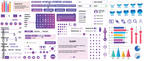 Set of UI/UX elements for websites and mobile applications: buttons, forms, menus, panels, icons, login, payment, rating. Modern design for convenient interaction and business planning