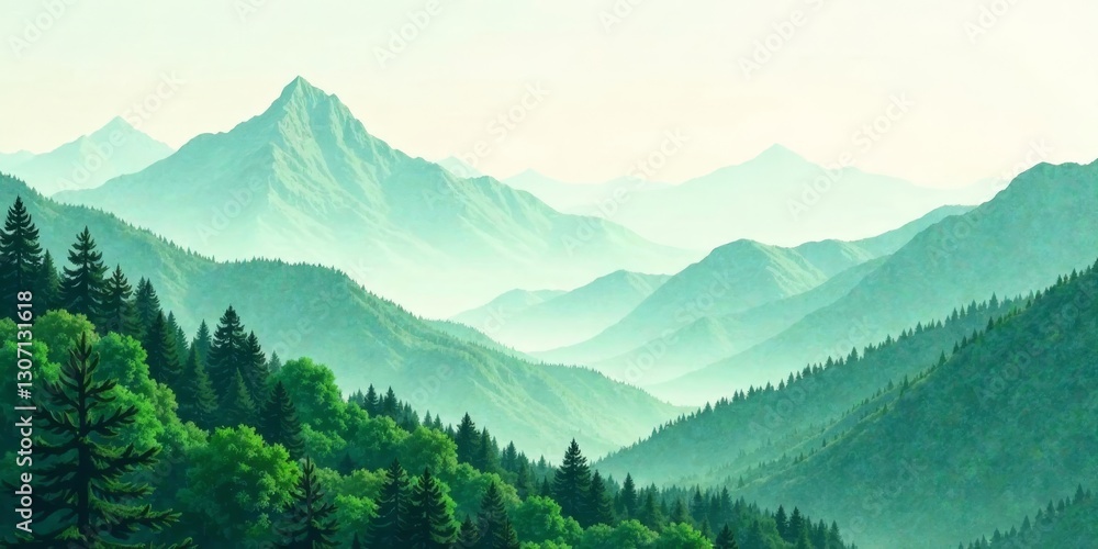 Fototapeta premium Serene Vista of Verdant Mountains and Lush Forests Under a Soft, Hazy Sky
