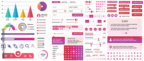 Set of UI/UX elements for websites and mobile applications: buttons, forms, menus, panels, icons, login, payment, rating. Modern design for convenient interaction and business planning