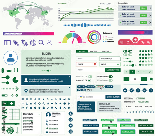 Set of UI/UX elements for websites and mobile applications: buttons, forms, menus, panels, icons, login, payment, rating. Modern design for convenient interaction and business planning
