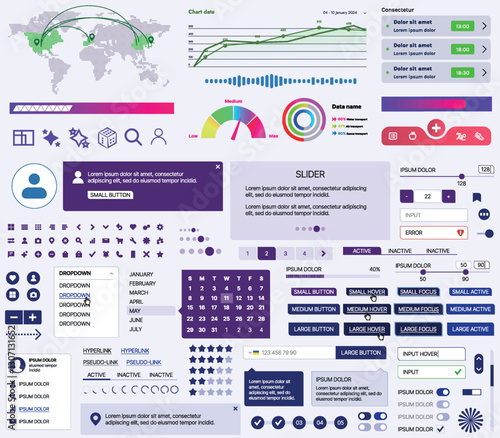 Set of UI/UX elements for websites and mobile applications: buttons, forms, menus, panels, icons, login, payment, rating. Modern design for convenient interaction and business planning