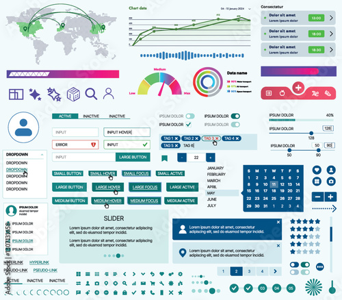 Set of UI/UX elements for websites and mobile applications: buttons, forms, menus, panels, icons, login, payment, rating. Modern design for convenient interaction and business planning