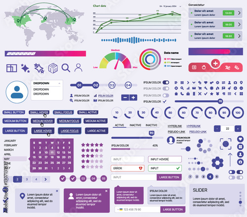 Set of UI/UX elements for websites and mobile applications: buttons, forms, menus, panels, icons, login, payment, rating. Modern design for convenient interaction and business planning