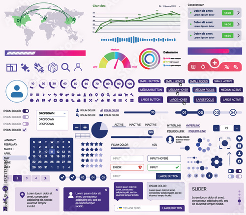 Set of UI/UX elements for websites and mobile applications: buttons, forms, menus, panels, icons, login, payment, rating. Modern design for convenient interaction and business planning
