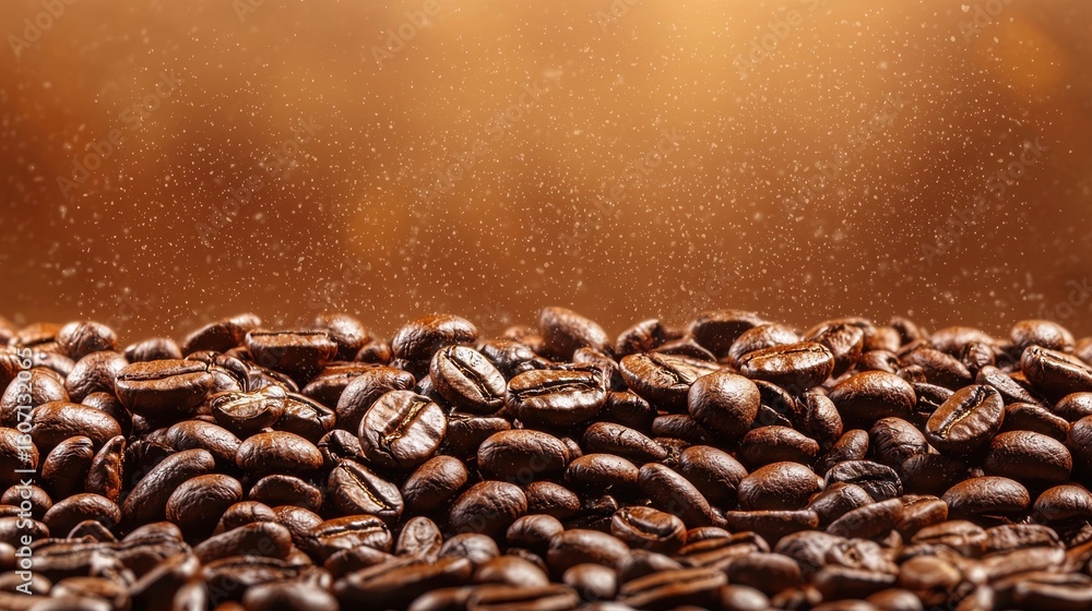 Close-up of Roasted Coffee Beans with Sparkling Droplets Against Warm Background Close-up of Roasted Coffee Beans with Sparkling Droplets Against Warm Background
