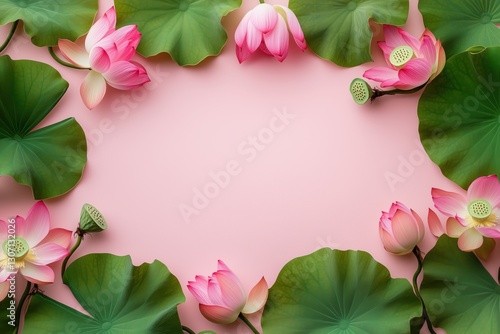 Wallpaper Mural Moldura floral com flor de lótus rosa e folhas verdes vibrantes sobre fundo rosa suave, criada com IA generativa para um design delicado e natural Torontodigital.ca