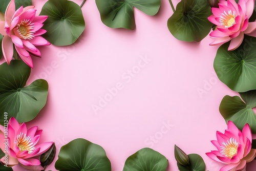 Wallpaper Mural Moldura floral com flor de lótus rosa e folhas verdes vibrantes sobre fundo rosa suave, criada com IA generativa para um design delicado e natural Torontodigital.ca