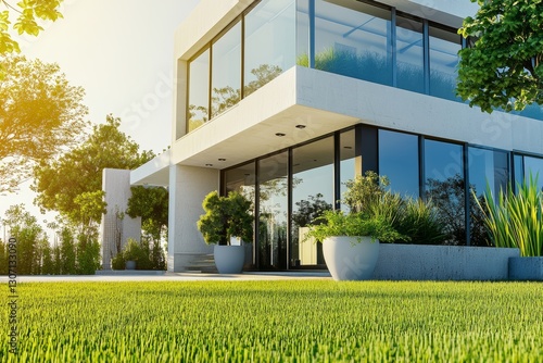 Close-up view of modern minimalist villa with glass panels and garden
