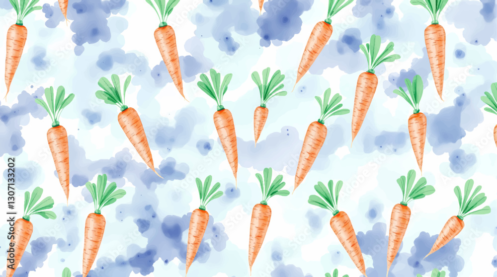 A vibrant, hand-painted watercolor pattern featuring fresh, orange carrots with green tops on a white background.