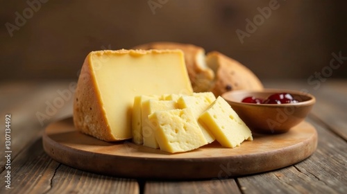 Artisan Cheese Selection with Sweet Preserve on Rustic Wooden Board